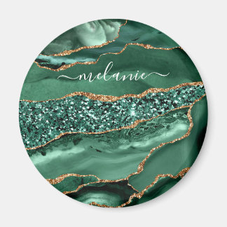 Agate Green Gold Glitter Geode Marble Custom Name Magneet