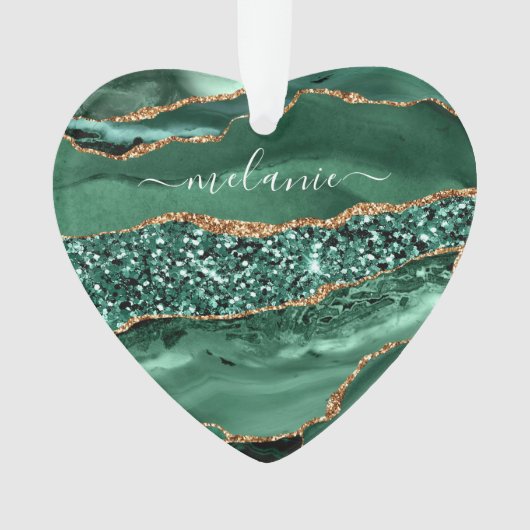 Agate Green Gold Glitter Geode Marble Custom Name Ornament (voorkant)