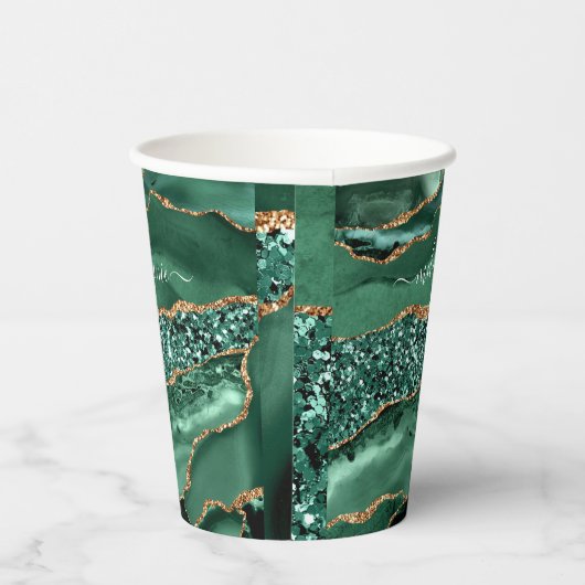 Agate Green Gold Glitter Geode Marble Custom Name Papieren Bekers (Rechts)