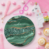 Agate Green Gold Glitter Geode Marble Custom Name Papieren Bordje (Feest)