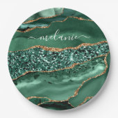 Agate Green Gold Glitter Geode Marble Custom Name Papieren Bordje (Voorkant)