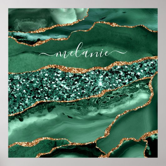 Agate Green Gold Glitter Geode Marble Custom Name Poster (Voorkant)