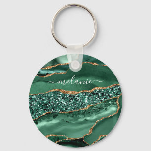 Agate Green Gold Glitter Geode Marble Custom Name Sleutelhanger