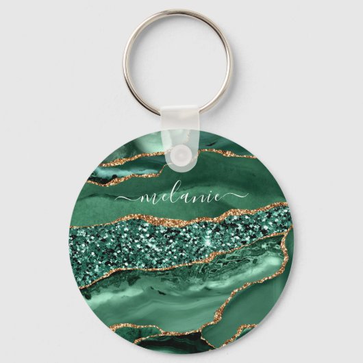 Agate Green Gold Glitter Geode Marble Custom Name Sleutelhanger (Voorkant)