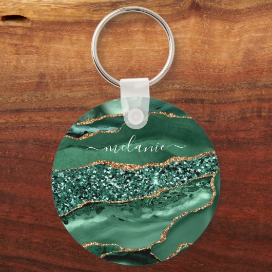 Agate Green Gold Glitter Geode Marble Custom Name Sleutelhanger (Voorkant)