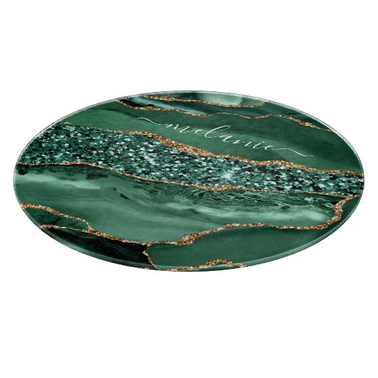 Agate Green Gold Glitter Geode Marble Custom Name Snijplank (Hoek)