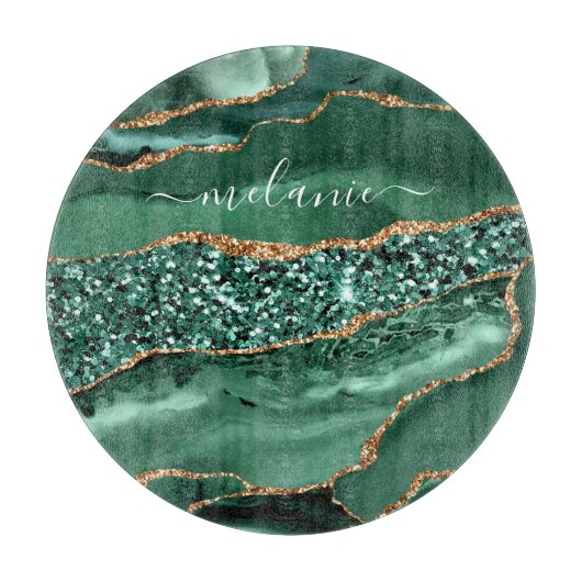 Agate Green Gold Glitter Geode Marble Custom Name Snijplank (Voorkant)