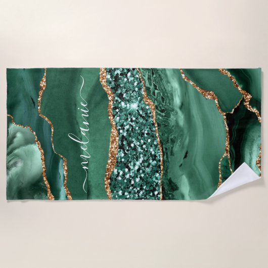 Agate Green Gold Glitter Geode Marble Custom Name Strandlaken (Voorkant)