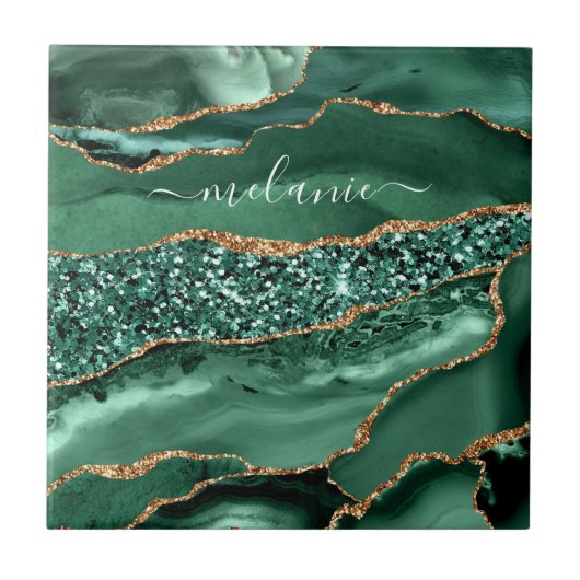 Agate Green Gold Glitter Geode Marble Custom Name Tegeltje (Voorkant)