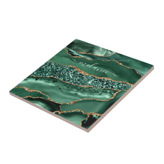 Agate Green Gold Glitter Geode Marble Custom Name Tegeltje (Zijkant)