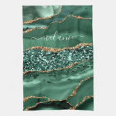 Agate Green Gold Glitter Geode Marble Custom Name Theedoek (Verticaal)