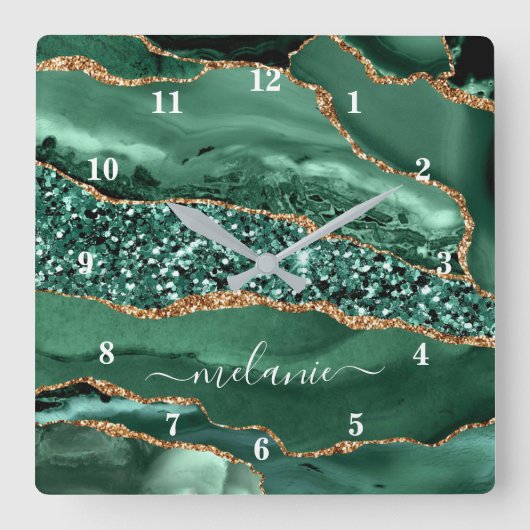 Agate Green Gold Glitter Geode Marble Custom Name Vierkante Klok (Voorkant)