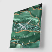 Agate Green Gold Glitter Geode Marble Custom Name Vierkante Klok (Hoek)