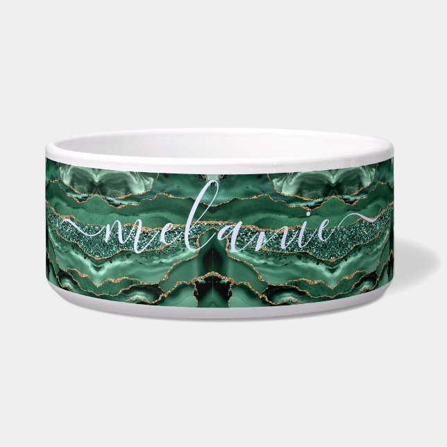 Agate Green Gold Glitter Geode Marble Custom Name Voerbakje (Voorkant)