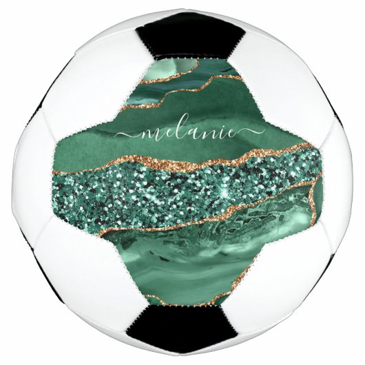 Agate Green Gold Glitter Geode Marble Custom Name Voetbal (Voorkant)