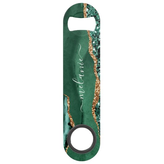 Agate Green Gold Glitter Geode Marble Jouw naam Speed Flessenopener (Achterkant)
