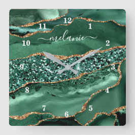 Agate Green Gold Glitter Geode Marble Name Clock Vierkante Klok