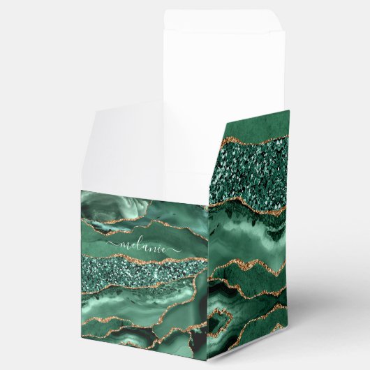 Agate Green Gold Glitter Geode Marmer met naam Bedankdoosjes (Geopend)