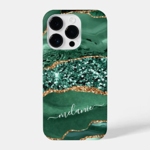 Agate Green Gold Glitter Jouw naam Marble iPhone 14 Plus Hoesje