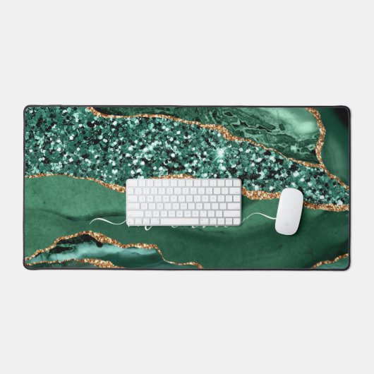Agate Green Gold Glitter Marble Custom Name Bureaumat (Keyboard & Muis)