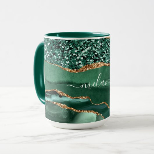 Agate Green Gold Glitter Marble Custom Name Mok (Voorkant links)