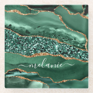 Agate Green Gold Glitter Marble Geode Name Onderze Glazen Onderzetter