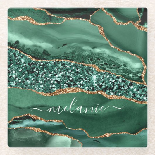 Agate Green Gold Glitter Marble Geode Name Onderze Glazen Onderzetter (Voorkant)