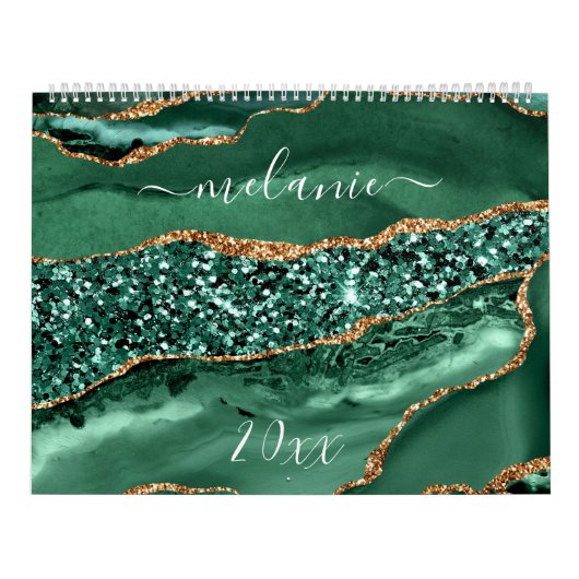 Agate Green Gold Glitter Marble Jouw naam Calendar Kalender (Hoes)