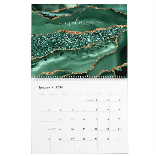 Agate Green Gold Glitter Marble Jouw naam Calendar Kalender (Jan 2026)