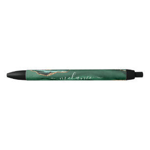 Agate Green Gold Glitter Marble Jouw naam Pen