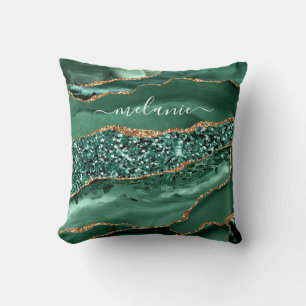 Agate Green Gold Glitter Marble Jouw naam Pillow Kussen