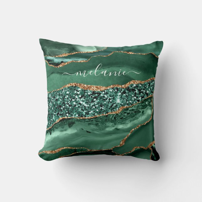 Agate Green Gold Glitter Marble Jouw naam Pillow Kussen (Voorkant)