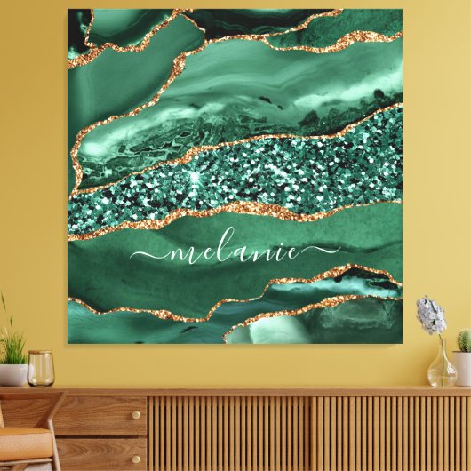 Agate Green Gold Glitter Marble Name Canvas (Insitu (Woonkamer))