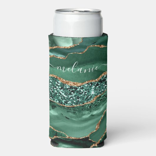 Agate Green Gold Glitter Marble Name Koelbox Seltzer Blikjeskoeler (Seltzer Voorkant)