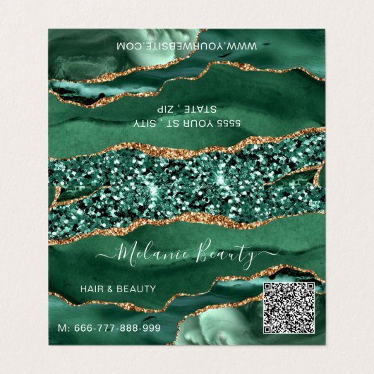 Agate Green Gold Glitter Moderne Design QR Code Visitekaartje (Buitenkant ongevouwen)