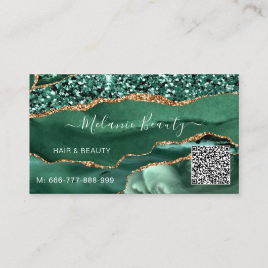 Agate Green Gold Glitter QR Code Visitekaartje (Voorkant)