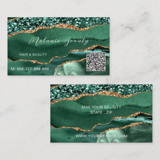 Agate Green Gold QR Code Visitekaartje voorbeeld (Voorkant / Achterkant)
