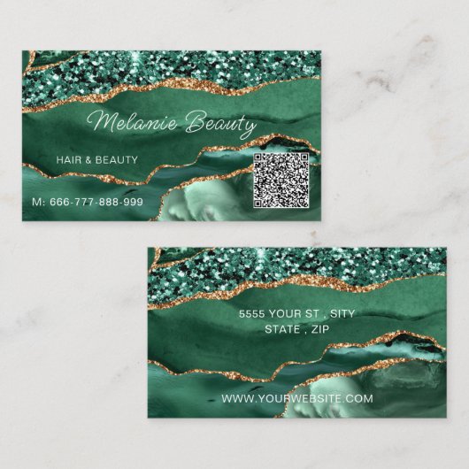 Agate Green Gold Sparkle QR Code Visitekaartje (Voorkant / Achterkant)