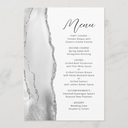 Agate Grijs Wit Zilver Moderne Scriptie Bruiloft Menu (Voorkant)