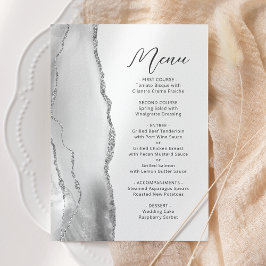 Agate Grijs Wit Zilver Moderne Scriptie Bruiloft Menu