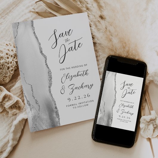 Agate Grijs Wit Zilver Moderne Trouwtekst Save The Date