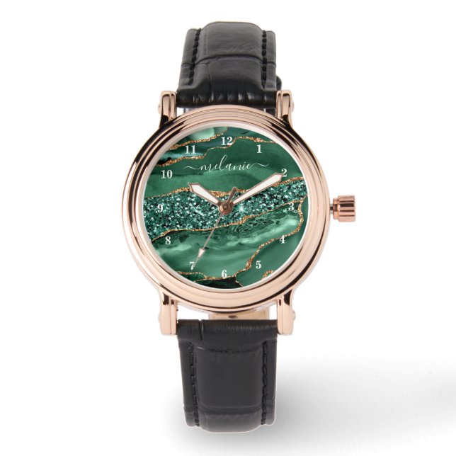 Agate Groen Goud Glitter Geode Marmer Aangepaste N Horloge (Voorkant)