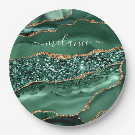 Agate Groen Goud Glitter Geode Marmer Aangepaste N Papieren Bordje (Voorkant)