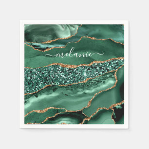 Agate Groen Gouden Glitter Marmer Jouw Naam Servet