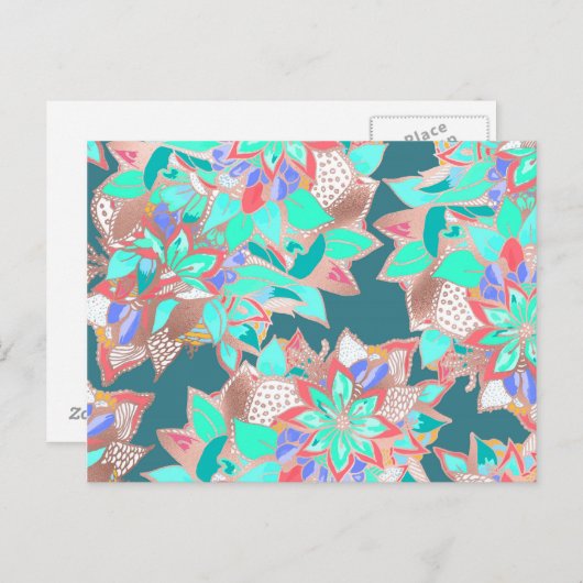 Agate groene levende koraal blauwgroen roos goudbl briefkaart (Voorkant / Achterkant)