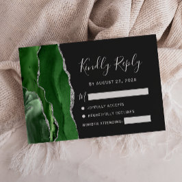 Agate Hunter Green Silver Dark Wedding RSVP Kaartje