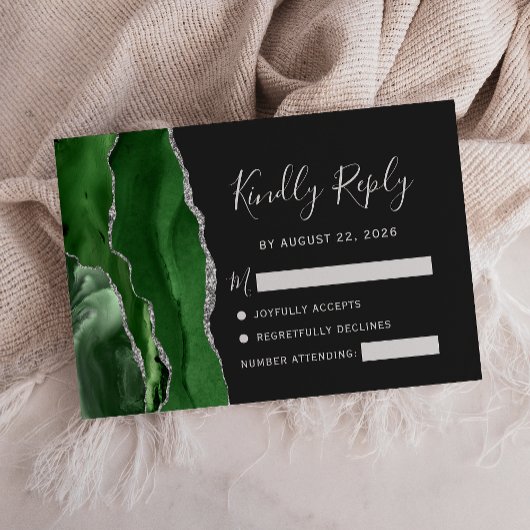 Agate Hunter Green Silver Dark Wedding RSVP Kaartje