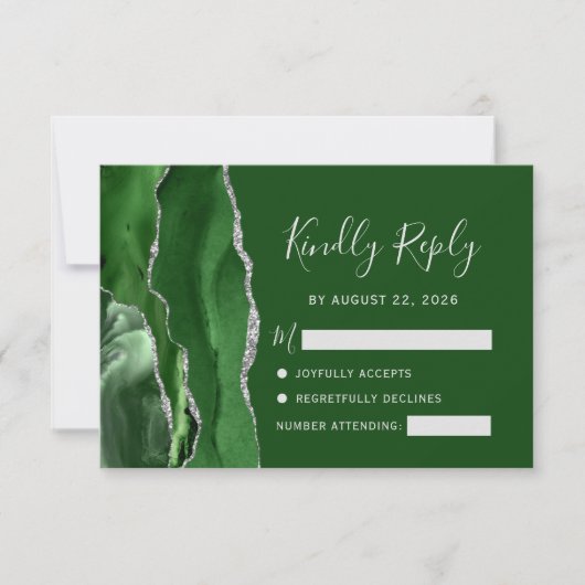 Agate Hunter Green Silver Wedding RSVP Kaartje (Voorkant)