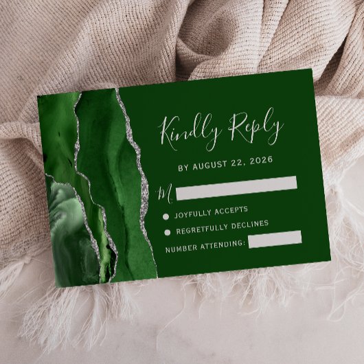Agate Hunter Green Silver Wedding RSVP Kaartje