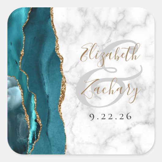 Agate Marble Blauwgroen Blauw Goud Script Wedding Vierkante Sticker (Voorkant)
